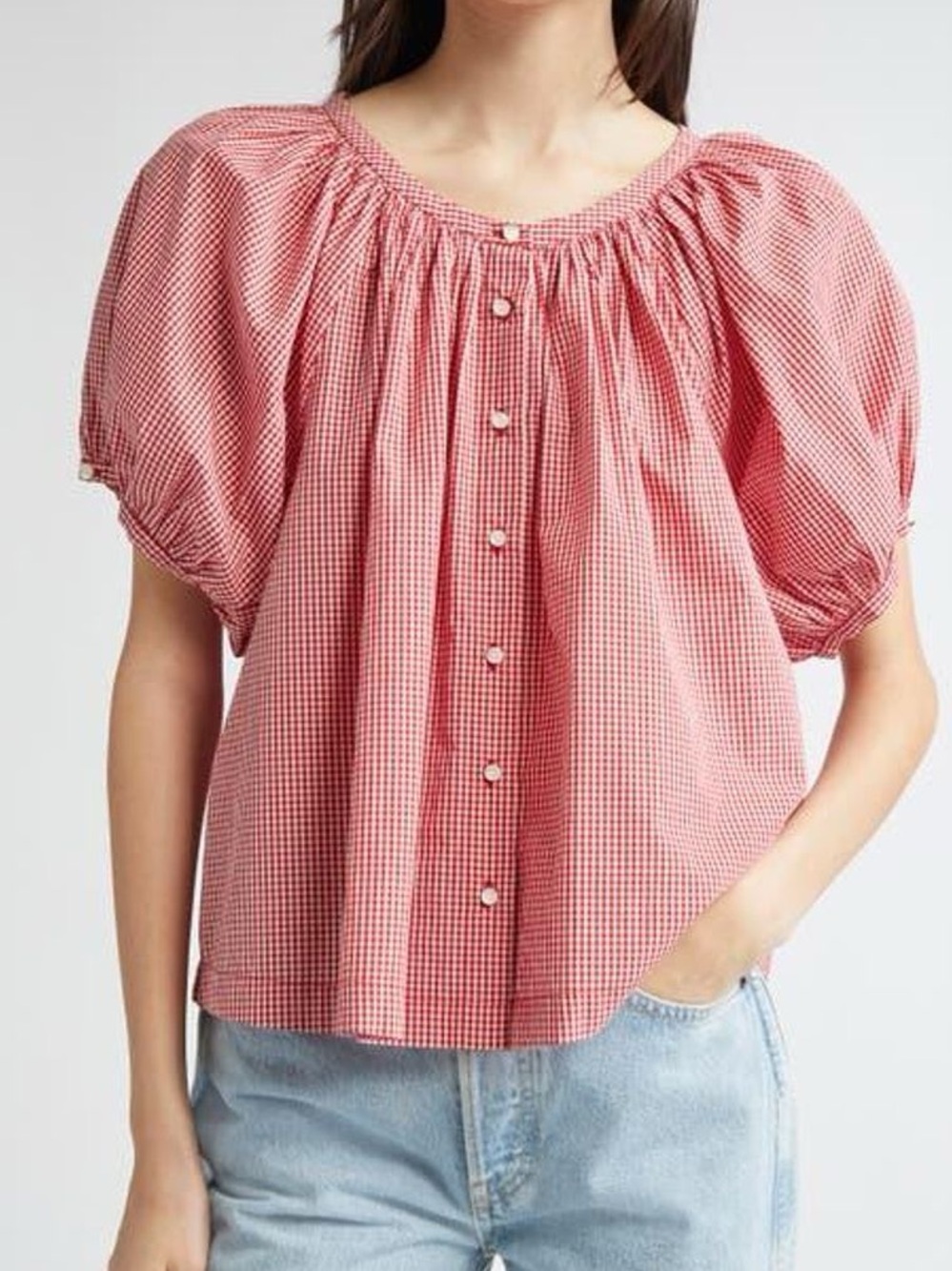 Doen June Blouse cerise Paris red gingham fall button down puff sleeve XS